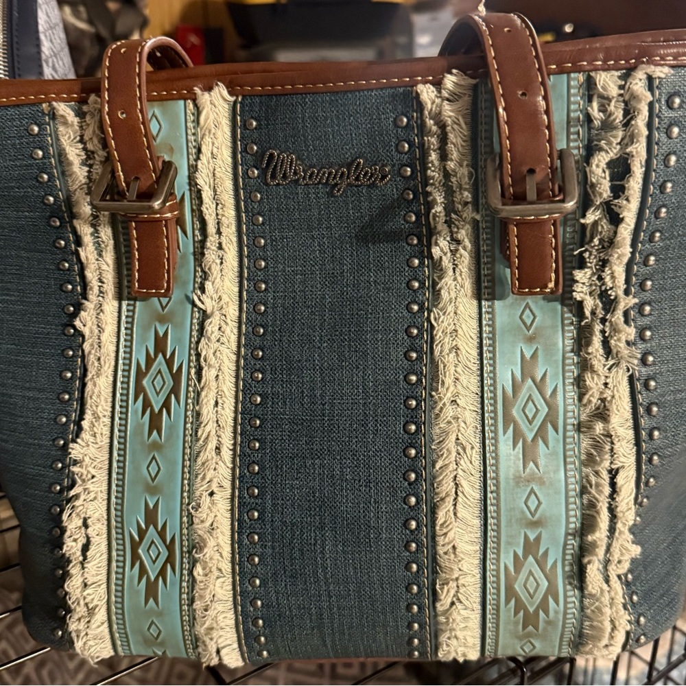 Wrangler Blue and Brown Tote Bag with Striped Design